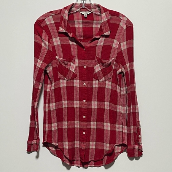 Lucky Brand Classic Women's red Yarn Dyed Plaid front pockets Button Down Shirt - Picture 6 of 6